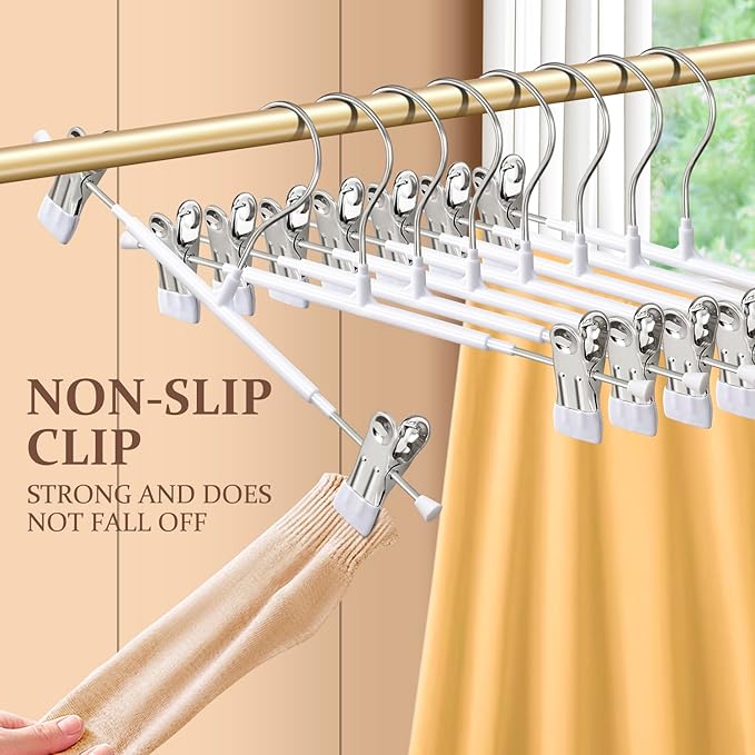 10 Pack 12Inch Heavy Duty Pants Skirt Hangers with Clips,Metal Trousers Hanger for Jeans White Non Slip Women Shorts Hangers Saving Space Clothing Hanger for Adult,Men,Children,Kid,Baby