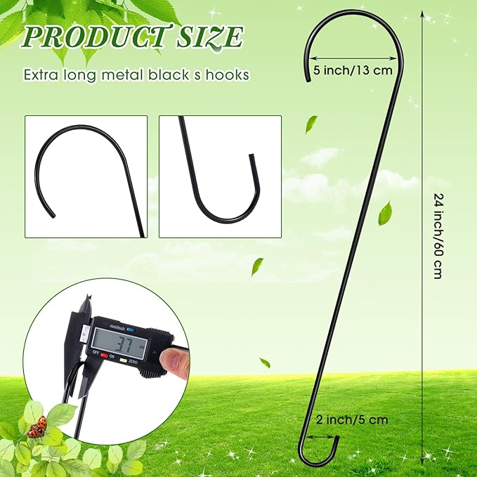 6 Pack 24 Inch Long S Hooks for Hanging Plants, Heavy Duty Metal Tree Branch Hangers Extenders for Bird Feeders Flower Baskets Wind Chimes Black Vinyl Coated Garden Hook