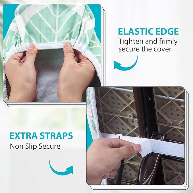 Seiritex Wide Ironing Board Cover and Pad 18 x 49 inch Heat Reflective with Hook and Loop Fasteners, Thick Padding with Elasticized Edges, 3 Layers Iron Board Cover (Green Leaf)