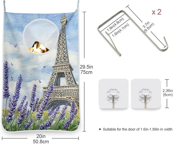 Hanging Laundry Hamper with Stainless Steel Hooks,Oxford Fabric Printing Door Laundry Clothes Bag, 29.5X20inch 1PCS Lavender Eiffel Tower Watercolour Blue