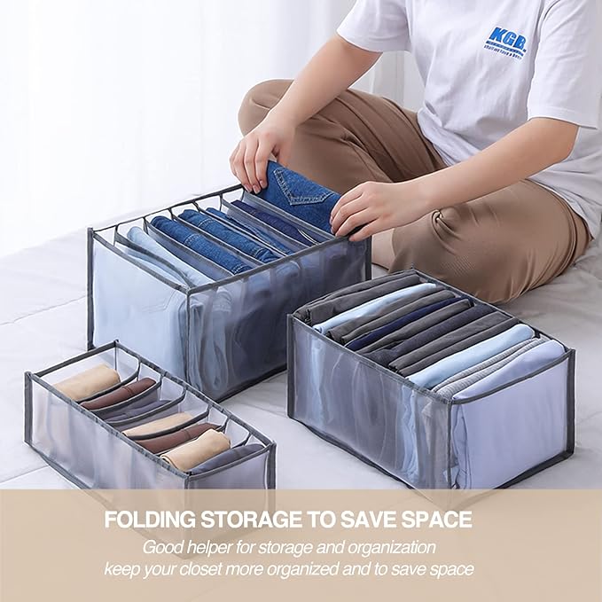 Wardrobe Clothes Organizer, 7 Grids Washable Portable Closet Organizer Mesh Separation Storage Box Foldable Closet Drawer Organizer for Underwear, Socks, Scarves, Jeans (Grey, 3 Jeans Grid)