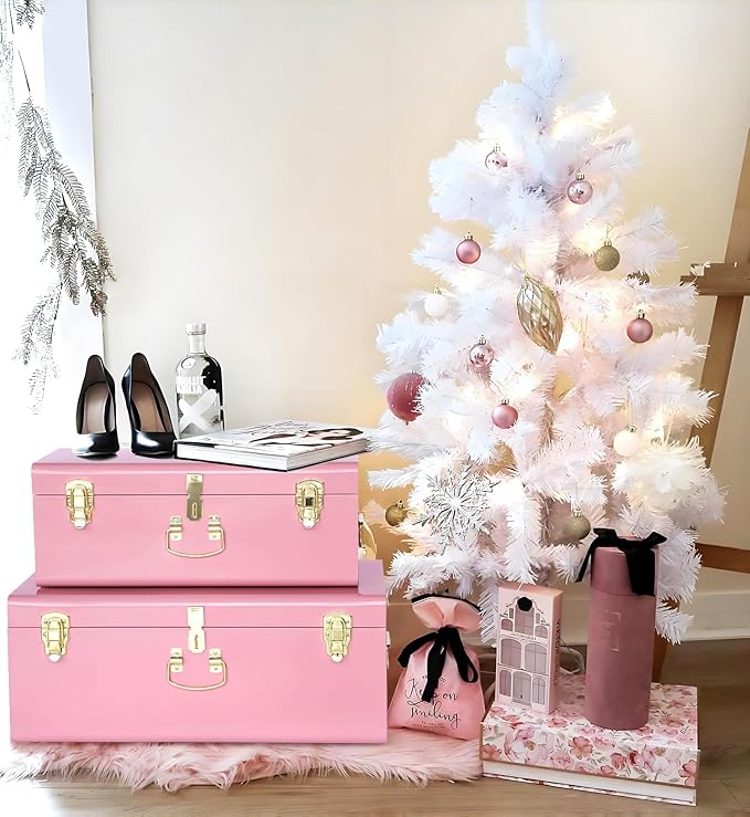 Vixdonos Decorative Large Metal Box Storage Trunk Chest Set of 2 College Dorm Organizer with Hardware Hasps and Handle for Home Deocr,23.7X14.2X9.5 Inches,Deep Pink