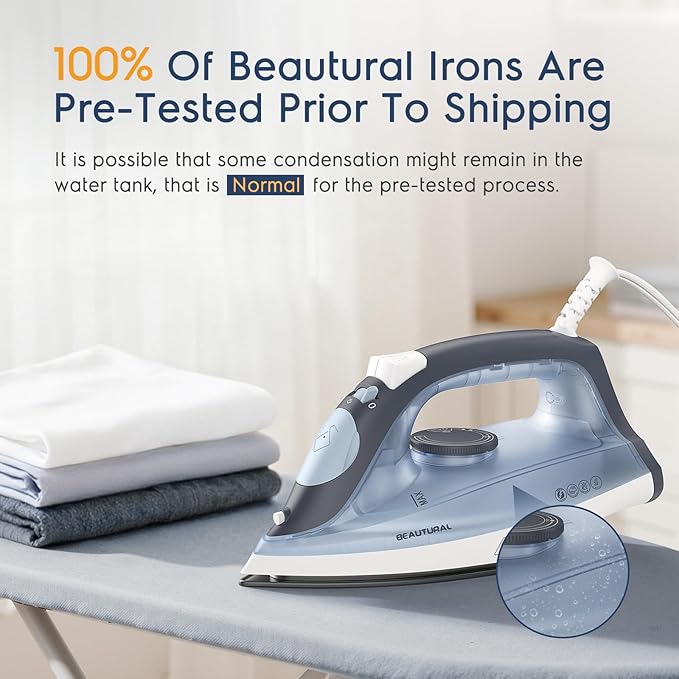 BEAUTURAL Compact Steam Iron for Clothes, Non-Stick Soleplate, Burst of Steam, Spray Mist, Self-Cleaning, Anti-Calcium, Anti-Drip, Easy Temperature Control, Light Weight, 1200 Watts