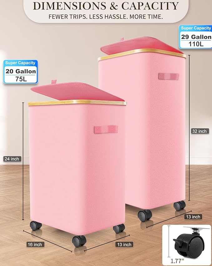 Laundry Hamper with Wheels, 110L Large Clothes Hamper with Removable Inner Bag, Collapsible Dirty Clothes Basket for Dorm, Rolling Dirty Clothes Basket for, Bedroom, Bathroom, Laundry Room