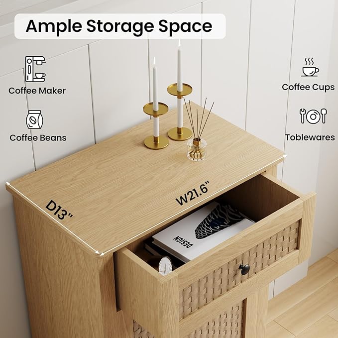 Tilt Out Laundry Hamper Cabinet, Rattan-Style Laundry Room Organization with Removable Laundry Basket, Hidden Wood Dirty Clothes Hamper with Drawer, 21.6" L x 13" W x 35.8" H, Wood