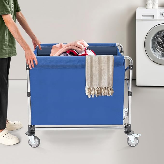 Commercial Laundry Cart with Wheels, 440lbs Rolling Laundry Basket, Heavy Duty Folding Laundry Cart with Oxford Cloth Hamper, 34.25 * 20.47 * 30.7in for Home, Dorm, Hotel, and Commercial Use (Blue)
