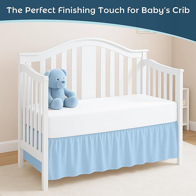 Light Blue Crib Bed Skirt, Perfect for Nursery Crib for Boys & Girls with a 14" Drop and Size 28"x 52"