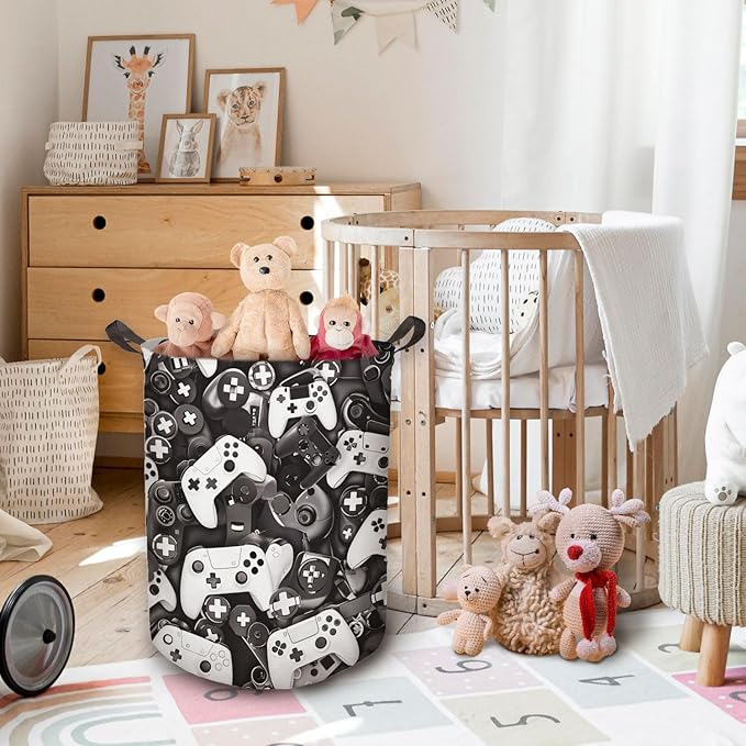 Gaming Gamer Laundry Basket, Toybox for Boys Room, Black and White Game Laundry Basket Hamper Waterproof Collapsible Clothes Toys Storage Bin Organizer for Bedroom Bathroom Boys Gamer Room