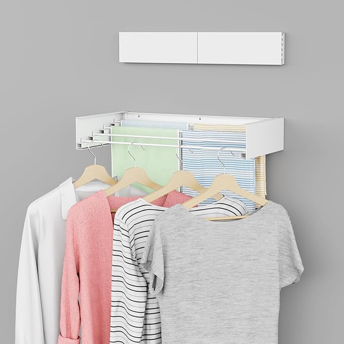 Laundry Drying Rack - Collapsible Wall Mounted Rack, 23.6" Wide, 11.2 Linear Ft, 4 Aluminum Rods, 60 lb Capacity (White)