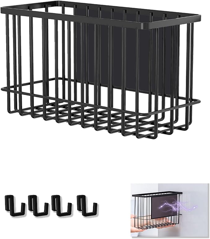 Magnetic Basket Kitchen Refrigerator Organizer Foil and Plastic Wrap Organizer for Fridge Heavy Duty Metal Storage (10.25" L x 3.2" W x 6" H, Black)