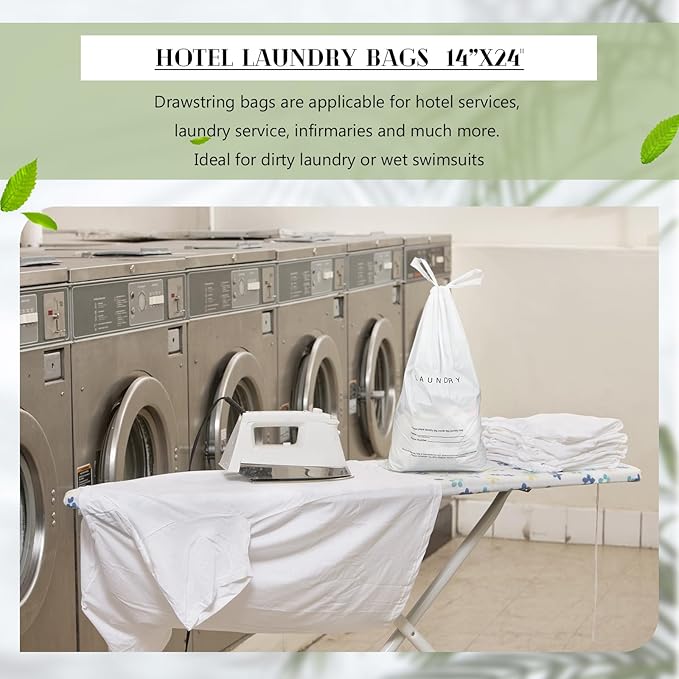 200 Pack Hotel Laundry Bags Bulk 1.38 Mil 14" x 24" Laundry Plastic with Drawstring Closure Writing Strips Patient Personal Belongings Dirty Clothes Bag for Factory Travel Hospital