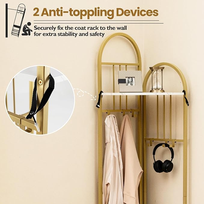 Tangkula Corner Hall Tree, 71 Inch Tall Entryway Coat Rack with Shoe Bench & 4 Storage Shelves, 6 Movable Hooks, Freestanding Metal Corner Clothes Rack for Bedroom Hallway Living Room