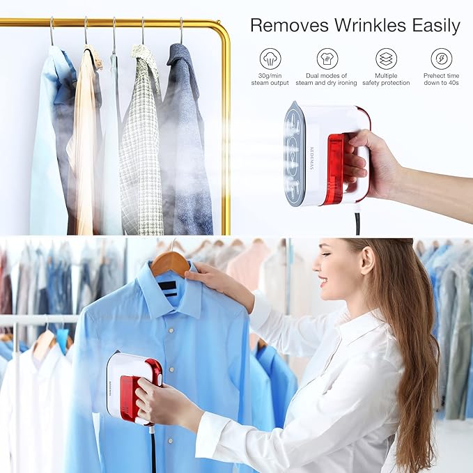 Portable Steamer Iron, 1300W Travel Mini Iron, Ideal for All Fabrics, Horizontal, Vertical and Dry Ironing 40s Fast Heat-up ONLY FOR 120V (Red)