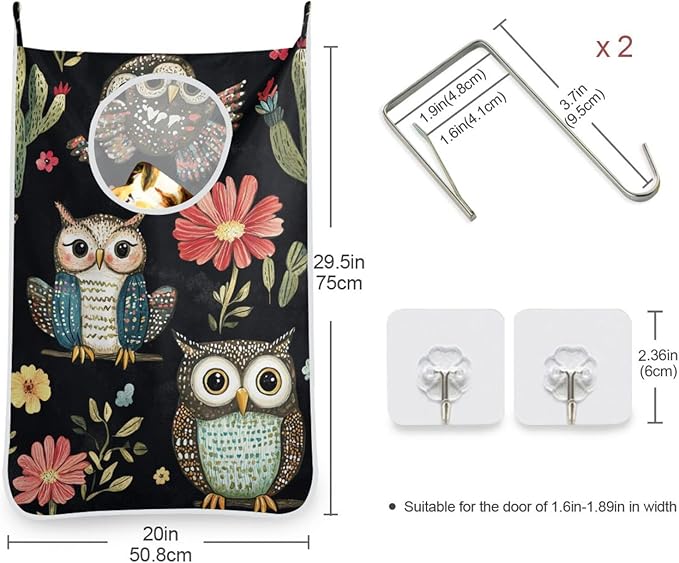 Black Owls Cactus Butterfly Hanging Laundry Hamper Door Hampers Bag Basket with Stainless Steel Hooks Oxford Fabric Printing Decorative Clothes Bags 29.5X20inch 1Pack