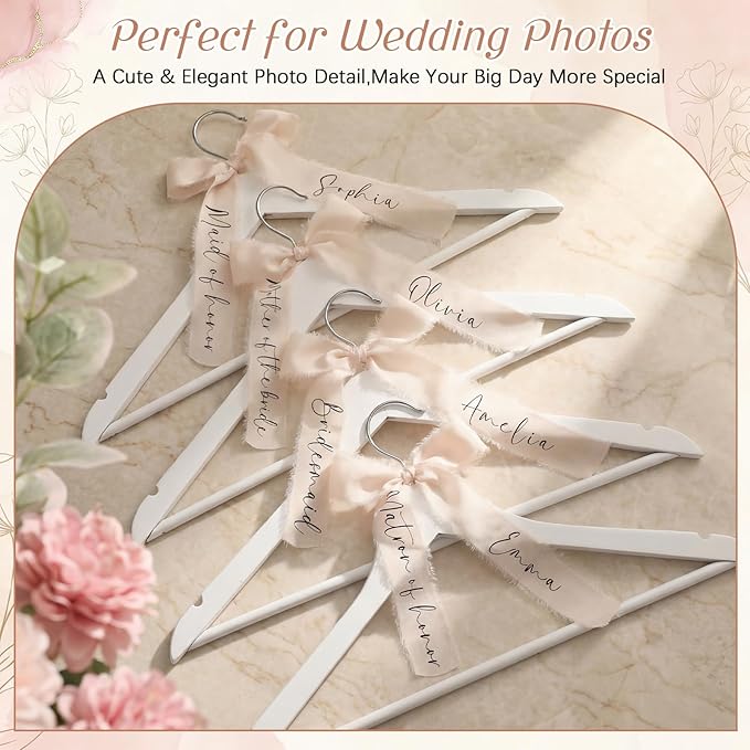 Chunful 10 Pack Personalized Bride Hanger for Wedding Dress Custom Name White Wooden Bridal Hangers with UV Dtf Transfers Natural Wood Dress Hanger with Ribbon Bow Bride Wedding (Silk Ribbon,Ivory)