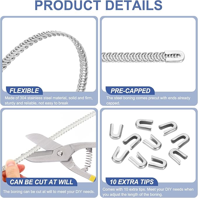 PATIKIL 10 Pcs 13.7 Inch 304 Stainless Steel Metal Steel Spiral Corset Boning, Metal Boning with 10pcs 6mm Boning Tips for Sewing Corset, Making Costume,Hoop Skirt, Collar (6mm Wide)