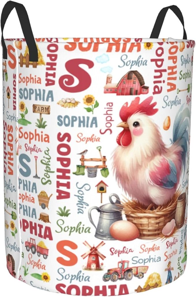 Personalized Farm Chicken Laundry Basket For Baby Kids Boys Girls Adult Custom Hamper Basket With Name For Bathroom Bedrooms Collapsible Baby Laundry Basket, Dirty Clothes Hamper With Handles
