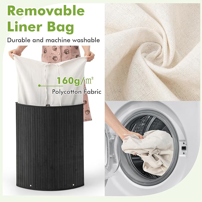 Giantex Corner Laundry Hamper with Lid, 58 L Bamboo Laundry Basket with Removable Liner & Handle, Triangle Clothes Hamper for Small Spaces, Bedroom, Bathroom, Laundry & Living Room (Black)
