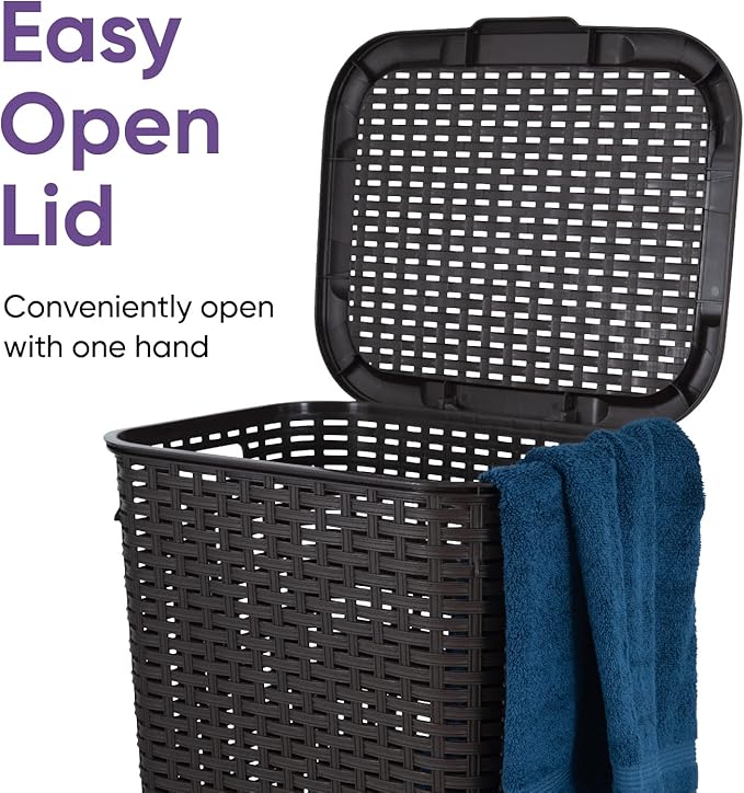 Superio Laundry Hamper Basket With Easy Open Lid 60 Liter Large Wicker Hamper, Dirty Cloths Storage With Two Cutout Handles, Laundry Room Bin (2 Pack, Brown)