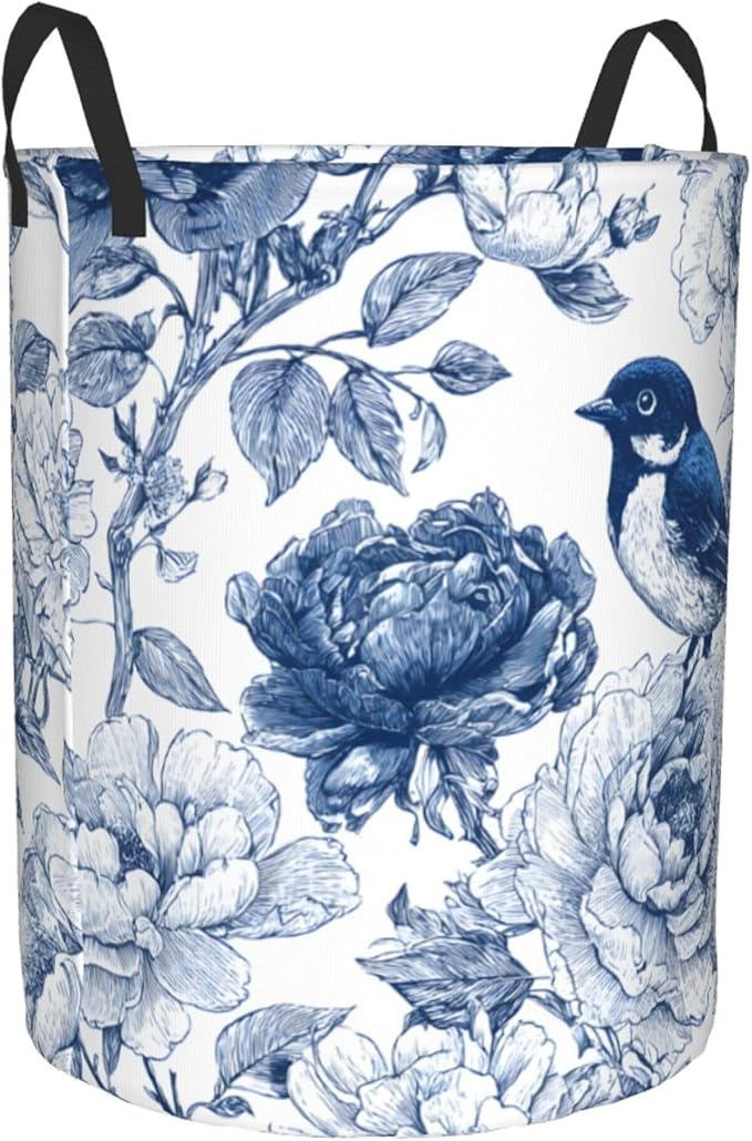 Blue Floral Bird Pattern Laundry Hamper, Collapsible Storage Basket with Handles for Clothes, Bedroom, Bathroom 19.6 x15.7 Inch