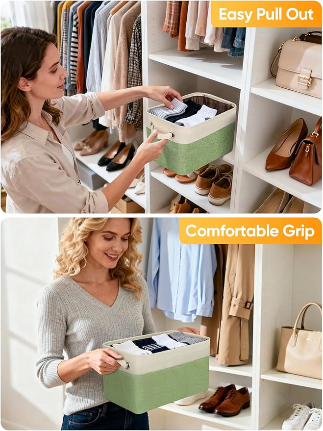 BALEINE 1 Pack Fabric Storage Bins for Shelves, Linen Storage Baskets for Organizing, Decorative Closet Bins for Clothes, Home (Green, 12"x8"x8")