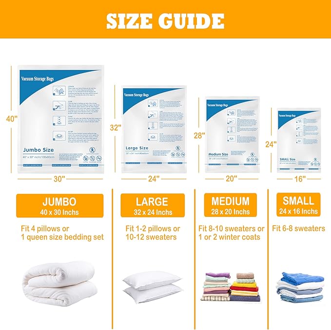 MEIQIHOME Vacuum Storage Bags, Space Saver Sealer Bags,Vacuum seal bags for clothing, Pillows, Comforters, Blankets, Bedding,8 COMBO