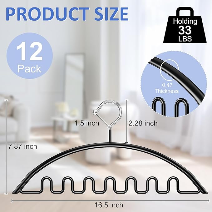 Sweater Hangers No Shoulder Bump, 12 Pack Clothes Hangers Non Slip Heavy Duty Metal Coat Hangers for Closet Organizers and Storage Space Saving Shirt Hanger for Suits Dresses Jackets Bra Shirt Black
