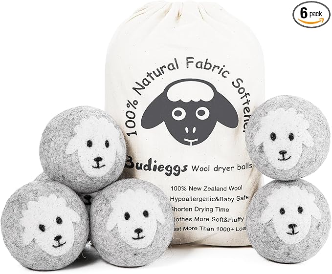Wool Dryer Balls Organic XL 6-Pack, 100% New Zealand Chemical Free Fabric Softener for 1000+ Loads, Baby Safe & Hypoallergenic, Reduce Wrinkles & Shorten Drying Time Naturally (Grey Sheep)