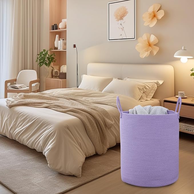 Woven Basket Nursery Laundry Hamper with Handles, Clothes Storage Organizer, Woven Basket for Boy Room Decor, Toy & Blanket Storage Bin, 15x15x18 Inch,Purple,1pc