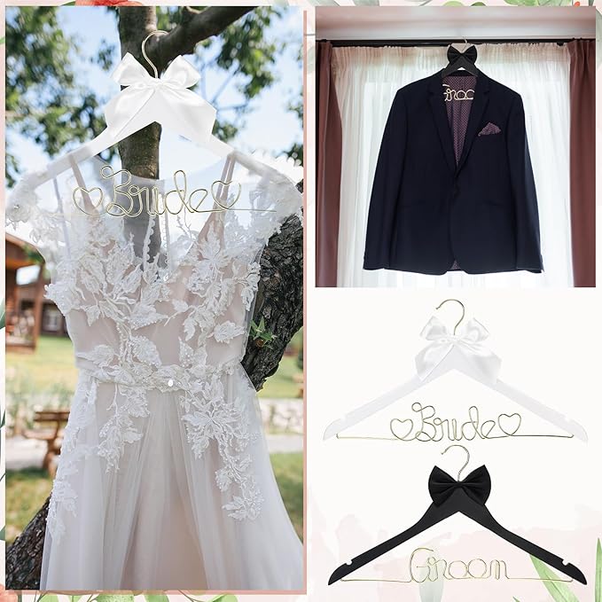 2 Pcs Wire Bride Hanger and Groom Wedding Wooden Hanger with Letter and Bow Tie for Tuxedo Suit Bridesmaid Bridal Wedding Gift Bridal Party Shower