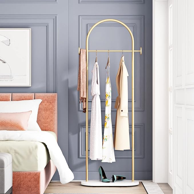 DR.IRON Modern Gold Clothes Racks with Shelves Freestanding, Gold Coat Racks with Marble Base & Coat Hanger with Umbrella for Entryway Hallway, Office or Bedroom