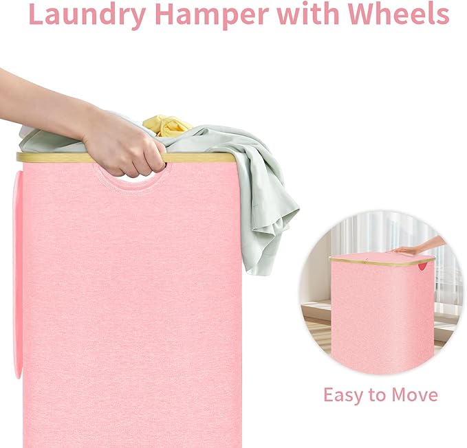 100L Pink Laundry Hamper on Wheels, Large Laundry Hamper with Wheels and Lid, Collapsible Storage Dirty Clothes Hamper with Removable Mesh Bag, Clothes Storage with Handles for Home
