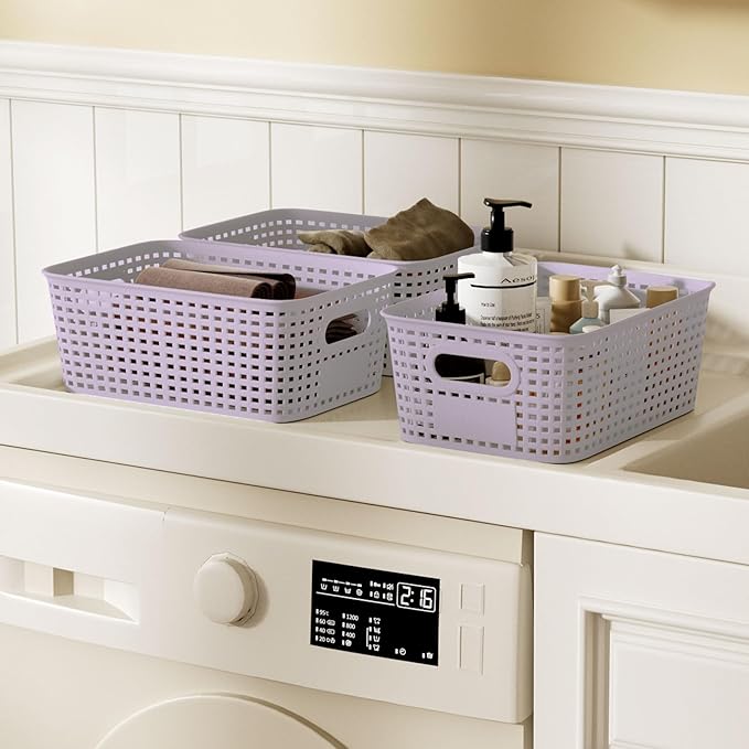 6Pcs Storage Bins with Lids, Stackable Plastic Storage Basket with Bamboo Lid, Pantry Organizer Box Small Containers for Organizing Shelves Drawer Desktop Closet Cabinet Office Classroom 10x7.1x4.1in