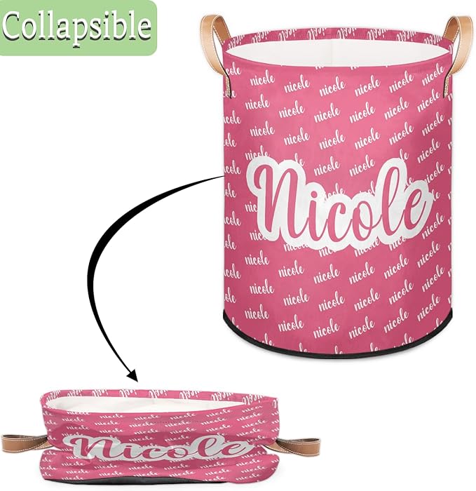 Custom Name Pink Laundry-Hamper, Personalized Kids-Clothes-Hamper Foldable with Name, Customized Storage Basket with Handles Waterproof Gift for Boys Girls Baby Women
