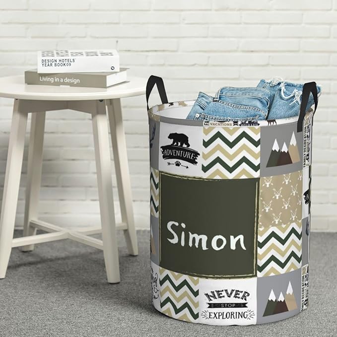 Green Deer Personalized Laundry Hamper Custom with Name Collapsible Waterproof Storage Basket with Handles for Bedroom Clothes Toys.
