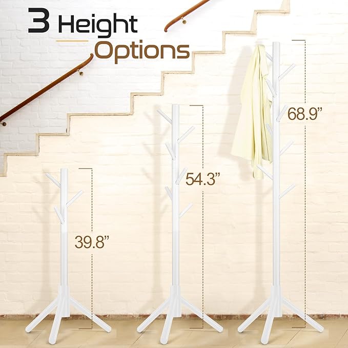 2PCS Solid Wooden Coat Rack Freestanding, New Zealand Pine Coat Tree with 8 Hooks & 3 Adjustable Sizes for Coats, Hats, Handbags and Scarves, Space Saving for Entryway/Office/Bedroom (White)
