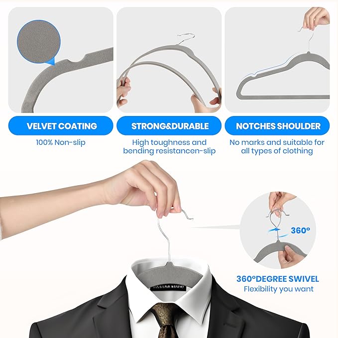 YSSOA Velvet Hangers 50 Pack, Non-Slip Clothes Hangers with Shoulder Notches, 360° Swivel Hooks, Heavy Duty Standard Hanger for Closet Space Saving, Grey