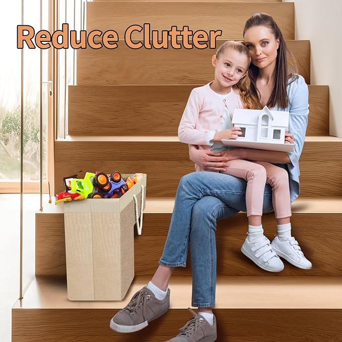 Stair Basket for Stairs with Handle, Staircase Baskets for Carpeted and Wooden Stairs,16" Step Storage Basket for Toys, Clothes, Books, Tools, with Hard Board, Anti-slip (Beige, 2 pack)