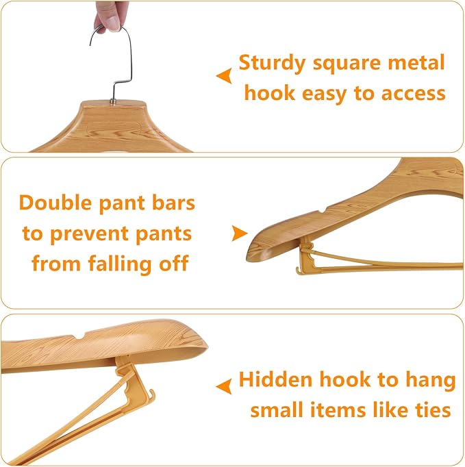 DEDU Suit Hangers for Men 20 Pack Width 17.5", Coat Hangers No Shoulder Bump Non Slip for Thick Sweaters, Plastic Extra Wide Shoulder with Pants Bar & Metal Hook (Natural)