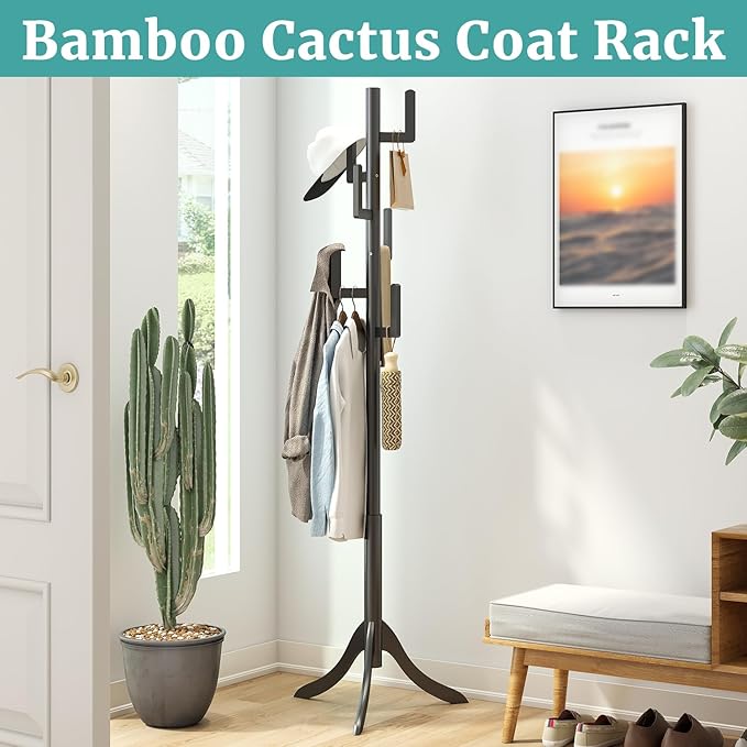 Black Coat Rack Freestanding, Bamboo Cactus Coat Tree, Adjustable Height Wooden Coat Stand with 6 Hooks, kids coat rack, Used In The Bedroom Living Room, Office To Hang Clothes, Hats, Bags