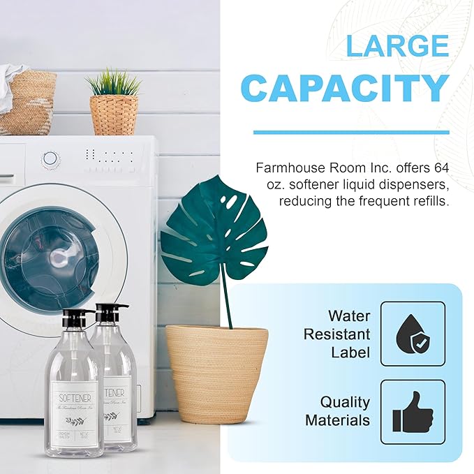 Fabric Softener Liquid Dispenser - Softener Container for Laundry Room Organization - BPA Free & PET Plastic 1/2 Gallon Pump Bottle Dispenser - w/Waterproof Labels 64oz