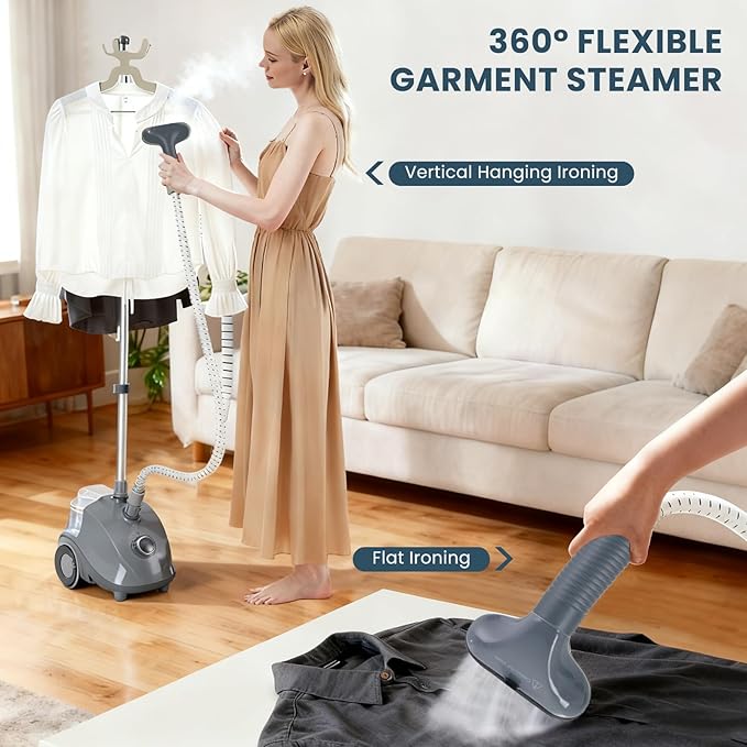 DUMOS Garment Steamer for Clothes Standing, 1500W Efficient Clothes Steamer Standing, 1.7L Water Tank for 55 Min Continuous Steaming with Wheels, Professional Fast Heating Wrinkle Remover