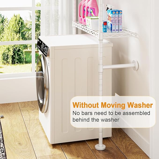U17 Wall-Mounted Over The Washer Dryer Shelves Without Moving Machines, Laundry Room Rack with Adjustable Shelves and Hanger Rod, 35" W x 22" D x 86.2" H, Holds 352 lbs, White