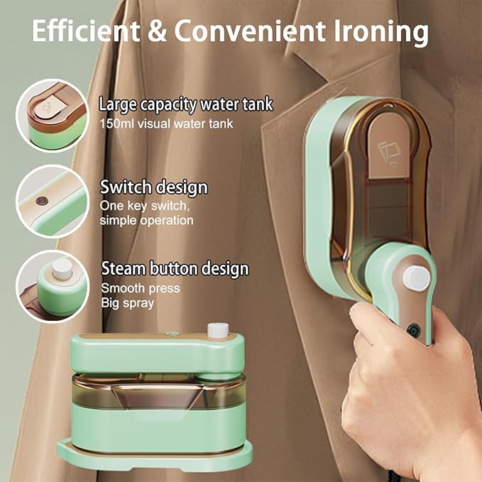 Portable Travel Steam Iron, 2-In-1 Wet&Dry Clothes Wrinkle Remover, Lightweight Handheld Hanging Iron with 20S Preheating, 150ml, Safe for Most Fabrics, Suitable for Home/Travel/Dormitories (Green)