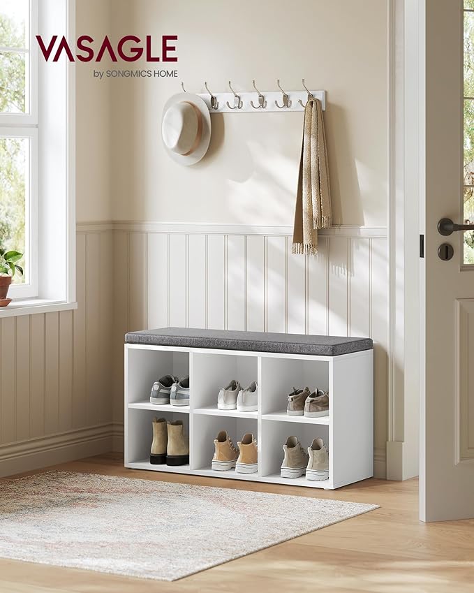 VASAGLE Shoe Bench with Cushion, Shoe Storage Bench with 6 Compartments and 3 Adjustable Shelves, Entryway Bench with Padded Seat, for Bedroom, Closet, Living Room, White ULHS23WT