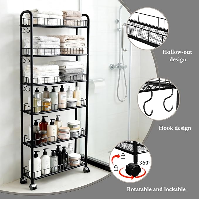 6in 6 Tier Slim Storage Cart with Wheels, Black Narrow Space Rolling Shelving Unit with Handle, Metal Wire Mobile Organizer Rack for Kitchen Bathroom Office Laundry
