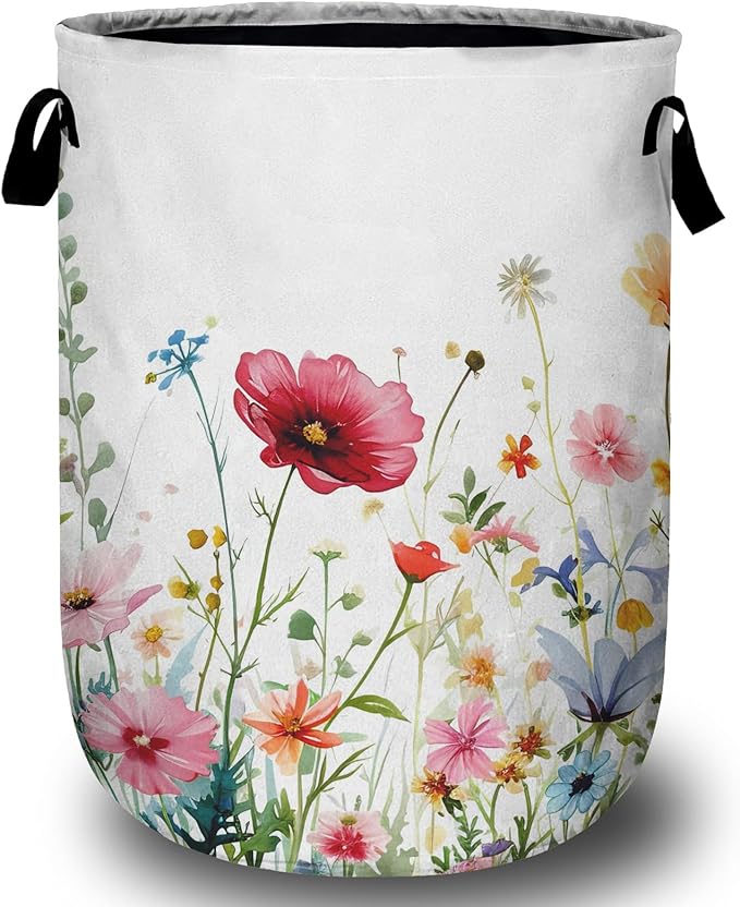 Watercolor Wildflowers Laundry Basket, Floral Laundry Hamper Collapsible Oxford Cloth with Handle Clothes Toy Storage Bin for Bathroom Laundry Room Bedroom 15.7 X 20 Inch