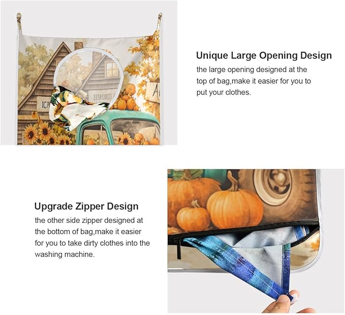 Thanksgiving Truck Pumpkin Orange Hanging Laundry Hamper Door Hampers Bag Basket with Stainless Steel Hooks Oxford Fabric Printing Decorative Clothes Bags 29.5X20inch 2Pack