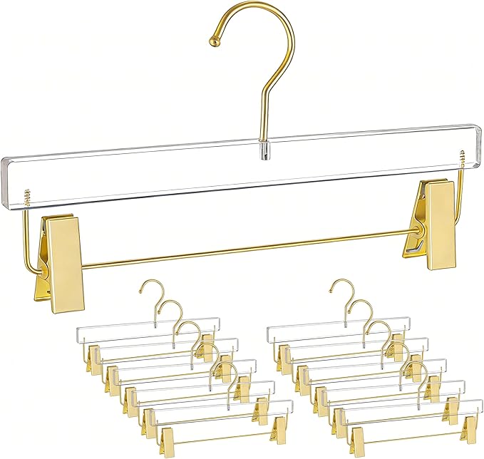 Besser Gold Acrylic Hangers,10 Pack Clear Hanger with Gold Hook,Luxurious Skirt Pants Hangers Clips for Clothing Closet Storage
