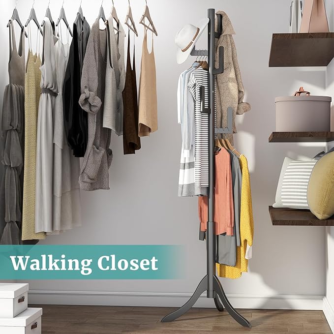 Black Coat Rack Freestanding, Bamboo Cactus Coat Tree, Adjustable Height Wooden Coat Stand with 6 Hooks, kids coat rack, Used In The Bedroom Living Room, Office To Hang Clothes, Hats, Bags